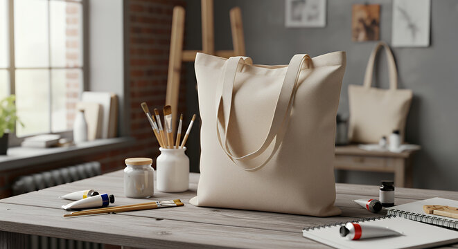 Elegant photo of stylish beige canvas tote bag mockup template on wooden table in art studio eco friendly totebag made of natural cotton reusable shopper ecobag mock up tote bag mockup mockup fabric b