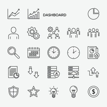 A collection of business, data, and analytics line icons including charts, people, time, security, and financial symbols for dashboards and reports.