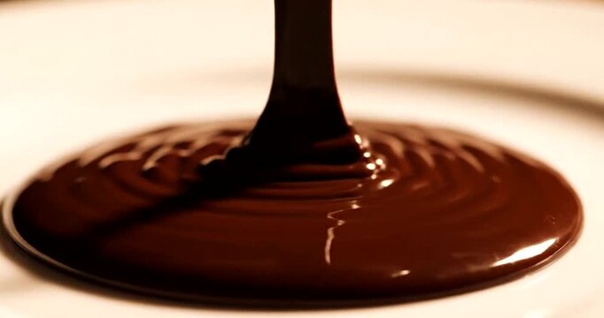 Chocolate pouring on white surface.