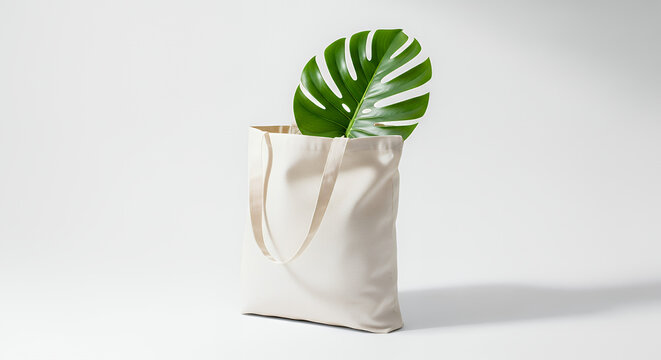 Minimalist white canvas tote bag mockup with a tropical plant for an eco-friendly lifestyle concept tote bag mockup mockup fabric bag tote blank canvas cloth design eco fashion cotton shopping empty b