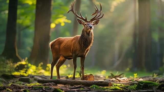 A regal buck stands proudly in a sun-dappled forest, showcasing its impressive antlers