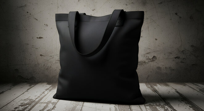 Mockup of black blank canvas tote bag with grunge textured background eco textile shopping sack with copy space ai generated tote bag mockup mockup fabric bag tote blank canvas cloth design eco fashio