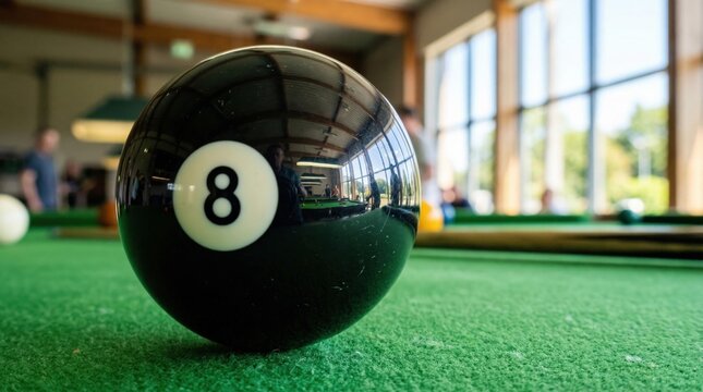 Black 8-ball rests on vibrant green billiard table felt in sunlit indoor game room.