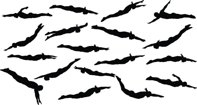 Swimming silhouette collection featuring divers and swimmers in various poses underwater or at the surface isolated on white background for creative design