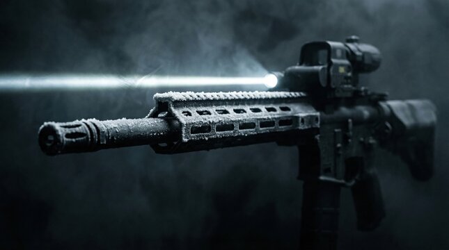 Rifle covered with snow in winter, cold weapon for biathlon, gun with optical sight and flashlight in dark