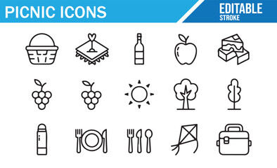 Fototapeta premium Clean minimal picnic icon pack for food outdoor and travel themed designs