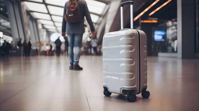 Smart suitcase or luggage in airport departure lounge, robotization concept, robot traveler suitcase in airport terminal waiting area.