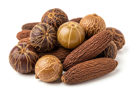 Macro photograph showcasing a diverse assortment of dried Triphala fruits, including Amalaki, Bibhitaki, and Haritaki, with their unique textures, distinct shapes, and earthy brown and olive tones, me
