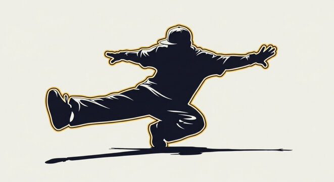 Man in dynamic breakdancing pose with outstretched arms and one leg extended black silhouette with yellow outline on light background