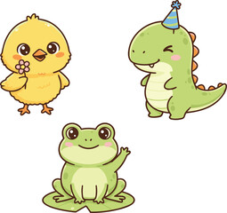 Obraz premium Cute vector illustration set featuring cartoon animal mascots including a yellow chick baby dinosaur and a green frog for kids design.