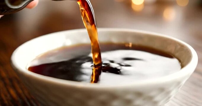 Coffee pouring into a white cup.