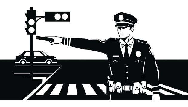 Police officer directing traffic with a hand signal at a crosswalk