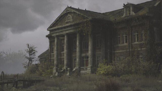 Historic portico with cracked balustrade and creeping plants. Weathered entrance in Montenegro surrounded by tall pillars and misty atmosphere