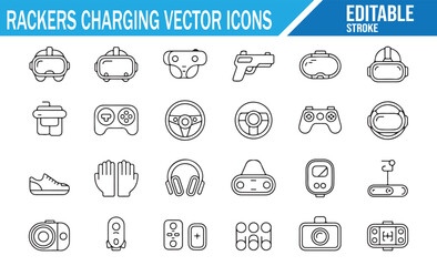 Fototapeta premium Charging and electronic accessories outline icons set isolated on white background