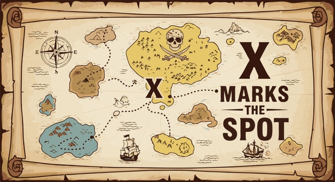 An old pirate map shows islands, ships, a compass, and a skull