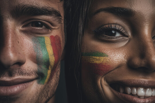 Man and Woman with Bolivian Flag Painted on Cheeks Smiling for National Pride
