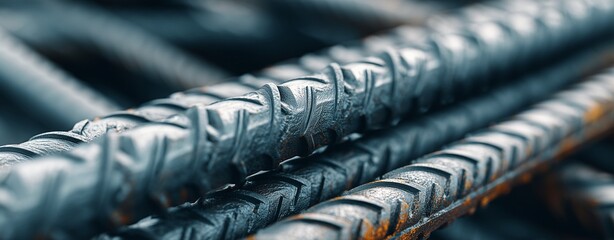 Obraz premium Steel Rebar Close-Up: A close-up view of steel rebar, exhibiting its strength and durability in construction. The image emphasizes the raw material's texture and form