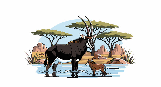 African savanna scene with sable antelopes and acacia trees by water