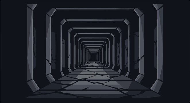 Pixelated, dark, stone corridor receding into a distant, shadowy void