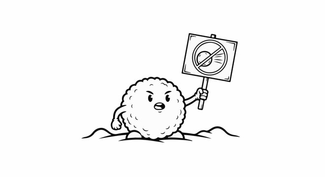 Angry fuzzball character with protest sign in rough terrain