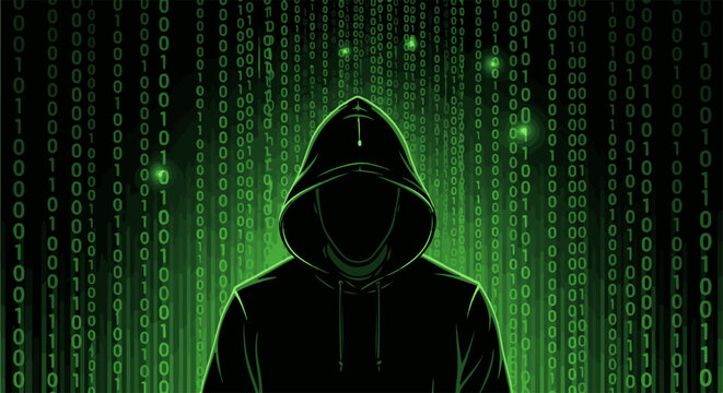 Anonymous figure cloaked in shadow, surrounded by cascading green binary code