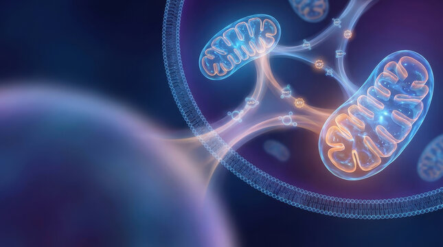 Nad longevity mitochondrion cell biology metabolism energy production inside living cell mitochondrion generate ATP from glucose and oxygen supporting nad signaling and longevity research blue