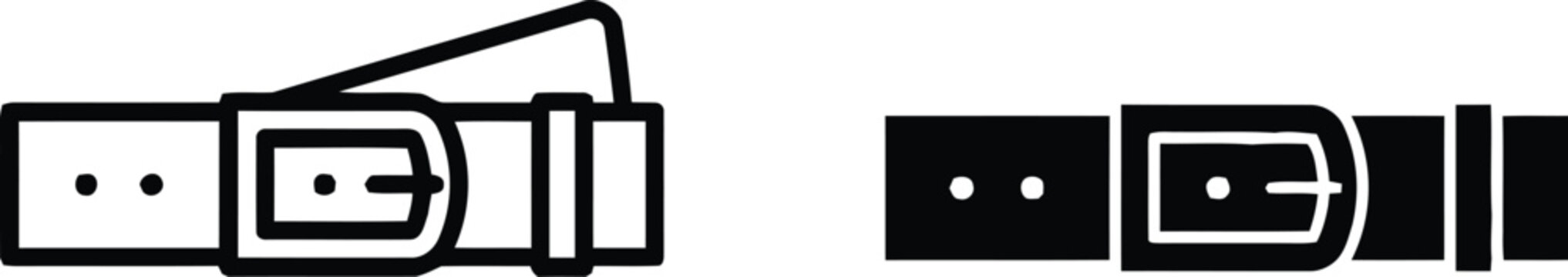 Two black and white illustrations of leather belts with buckles