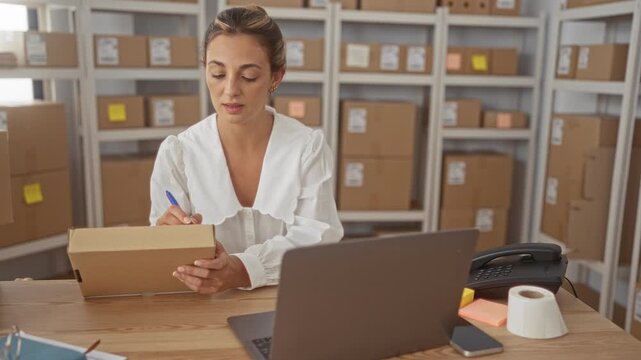Woman signing a parcel at a desk in a building office filled with shipping boxes and storage shelves; focus efficiency.