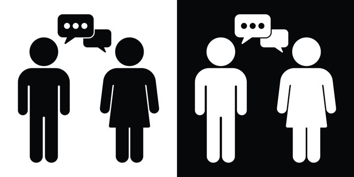 Minimalist silhouette of a man and woman engaged in a face-to-face conversation with speech bubbles. Symbolizes dialogue, social interaction, and verbal communication. Clean graphic design.