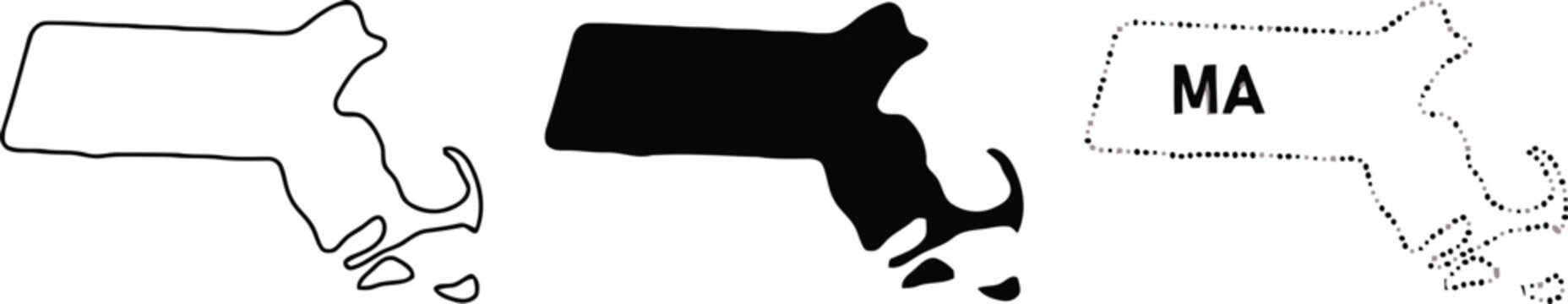 Three depictions of the state of massachusetts in varying styles