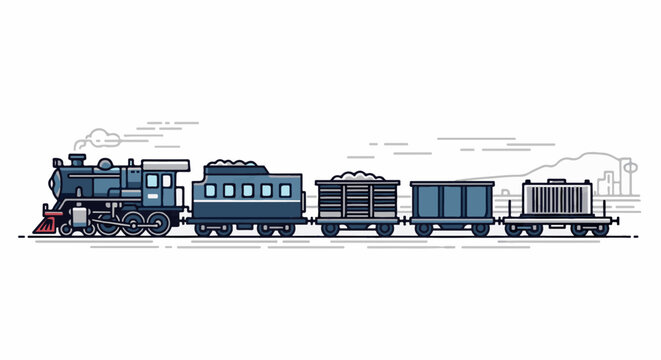 A vintage blue steam train with multiple carriages traverses a simple landscape