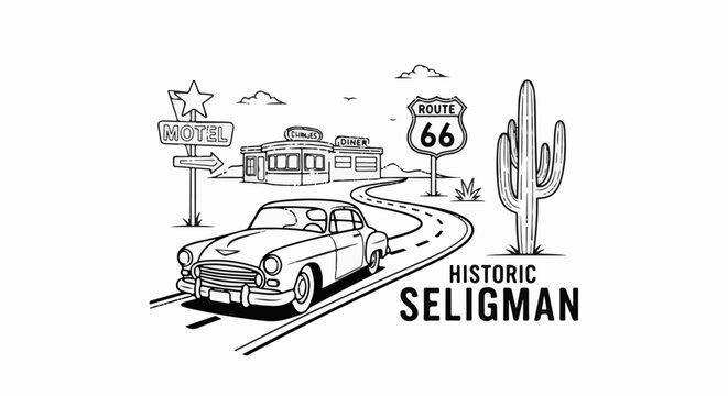 A vintage car drives down a desert road past a motel, diner, and cactus