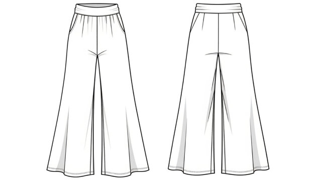 Vector CAD design style illustration of flared pants from front and back