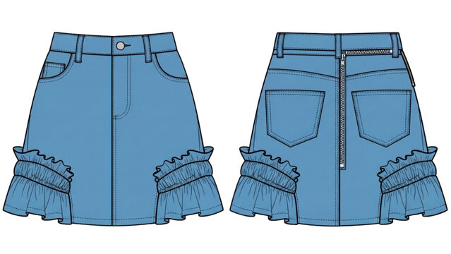 Vector CAD design style illustration of a blue denim skirt with ruffles and pockets