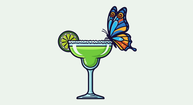 A vibrant butterfly rests on a salt-rimmed margarita glass with a lime slice