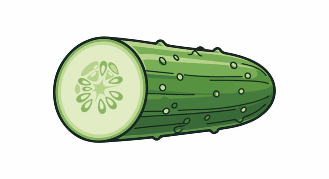 A vibrant, cartoon-style green cucumber with a slice showing internal seeds