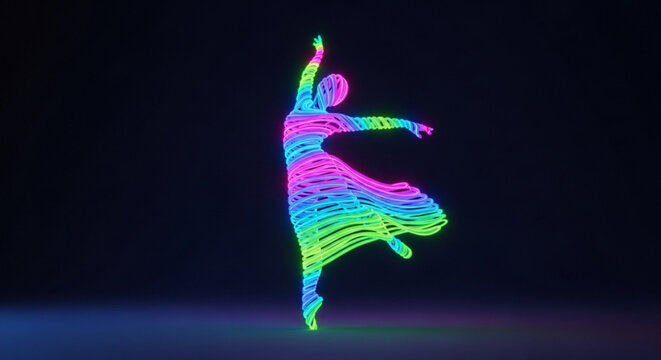 Whirling dervish in neon colors dancing on dark background with vibrant lines