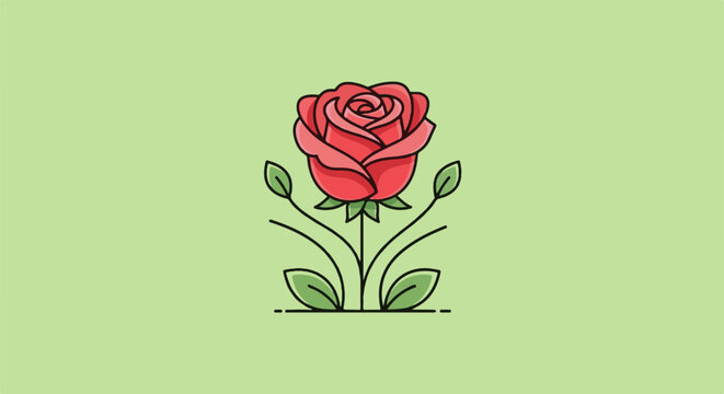 A simplified red rose with green leaves and stem on a light green background