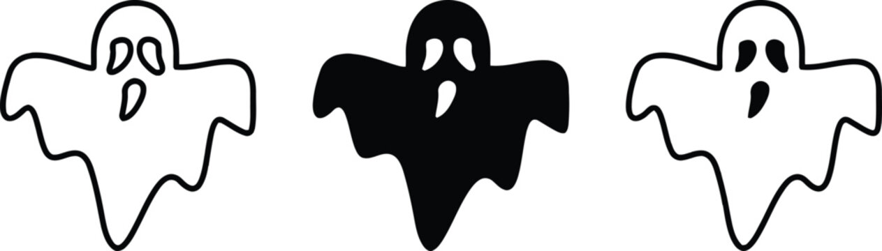 Three spooky ghosts in varying shades of white and black float