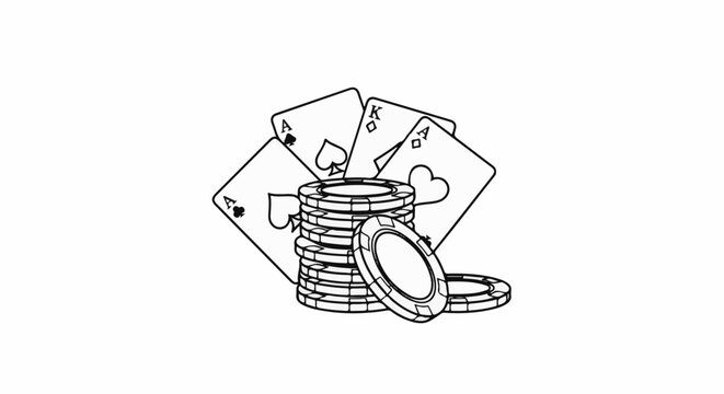 A stack of casino chips and four playing cards
