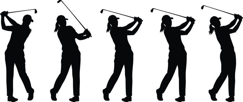 Female golfer silhouettes swing sequence collection, woman golf player action poses, sports movement illustration set isolated on white background