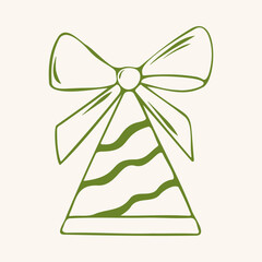 Fototapeta premium Festive minimalist party hat with wavy lines and large bow on top, green outline doodle flat retro style. Cute vector illustration for birthday holiday, celebration accessory. Isolated on beige