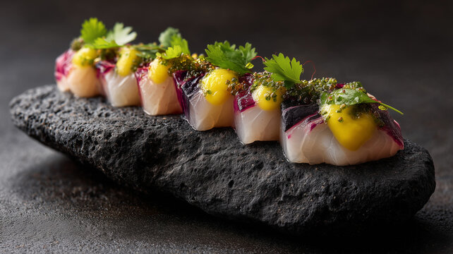 Fresh sea bass tiradito plated on a black volcanic stone, topped with yellow citrus gel, purple cabbage, and sea grapes. Peruvian fusion fine dining.