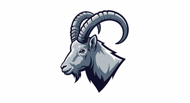 Fierce mountain goat with large, curved horns, depicted profile