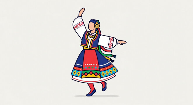 Woman in traditional folk dance costume performing with colorful dress and raised arm on white background
