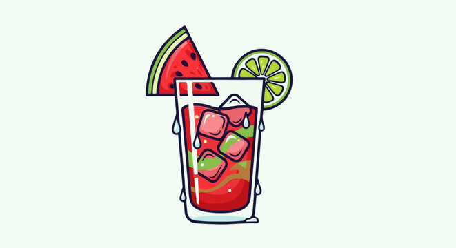 Refreshing, chilled watermelon and lime drink with ice in a clear glass