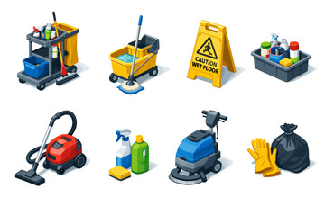 Various cleaning equipment and tools featuring mop, vacuum, and supplies