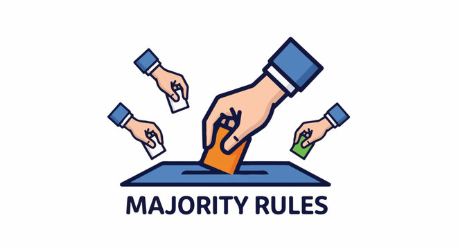 Illustrated hands casting votes into a ballot box with "Majority Rules" text