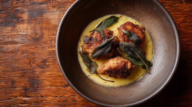 Traditional Italian Animelle di Vitello (veal sweetbreads) seared in butter and served with crispy sage leaves in a dark ceramic bowl.