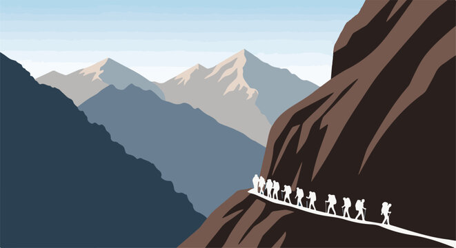 Silhouette hikers traverse a narrow mountain path overlooking a vast valley